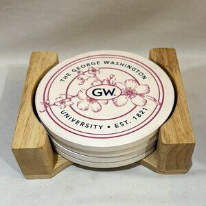 George Washington University Cherry Blossom Coaster Set of 4 with Wooden Holder